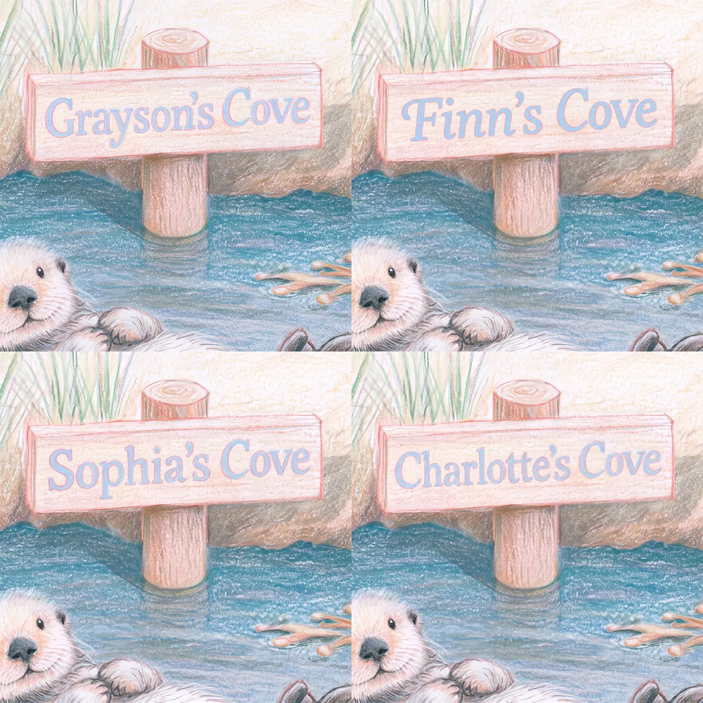 Four name preview examples of Sea Otter Kelp Personalized Wall Mural by Whimsy Tots