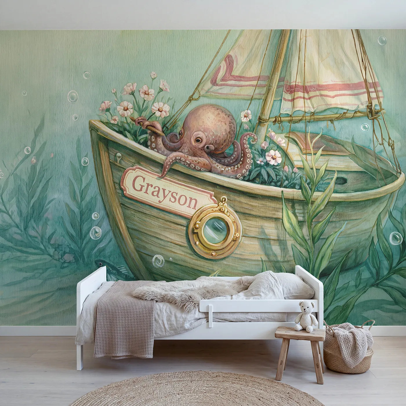 Storybook octopus garden personalized wall mural with porthole nameplate for playroom by Whimsy Tots