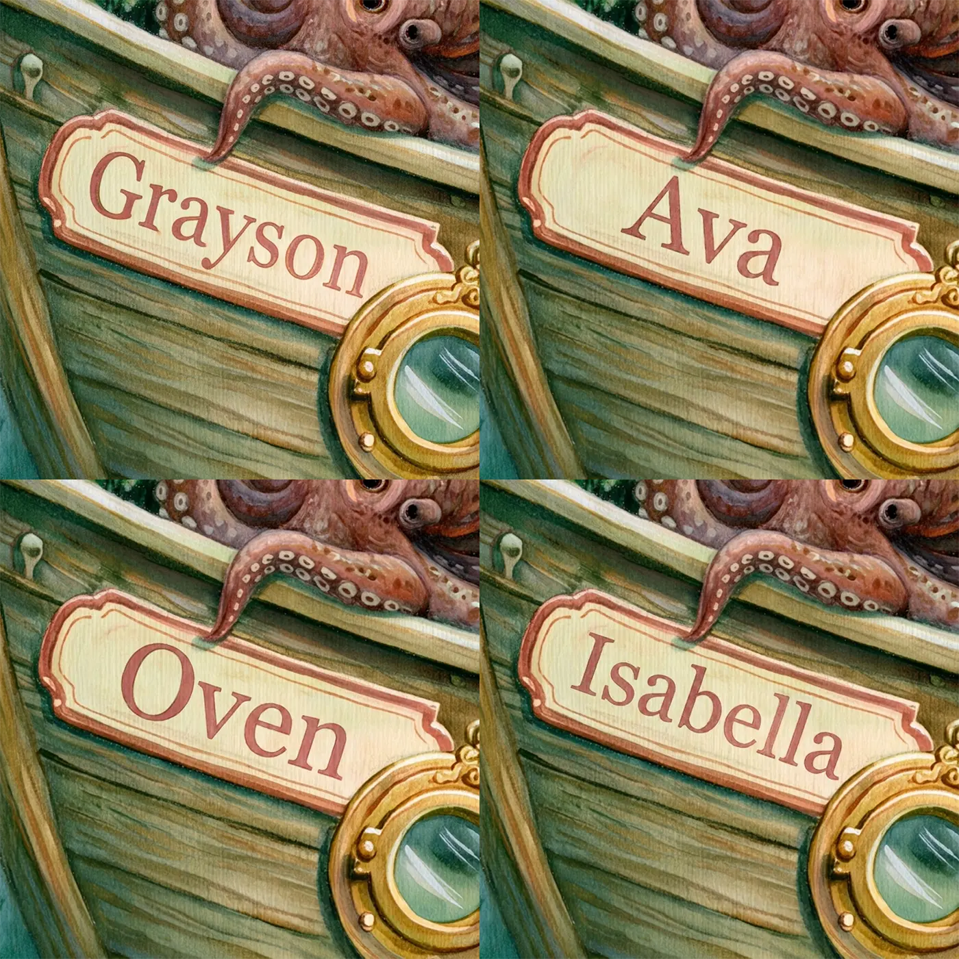 Four name preview examples of Octopus Sea Garden Personalized Wall Mural by Whimsy Tots