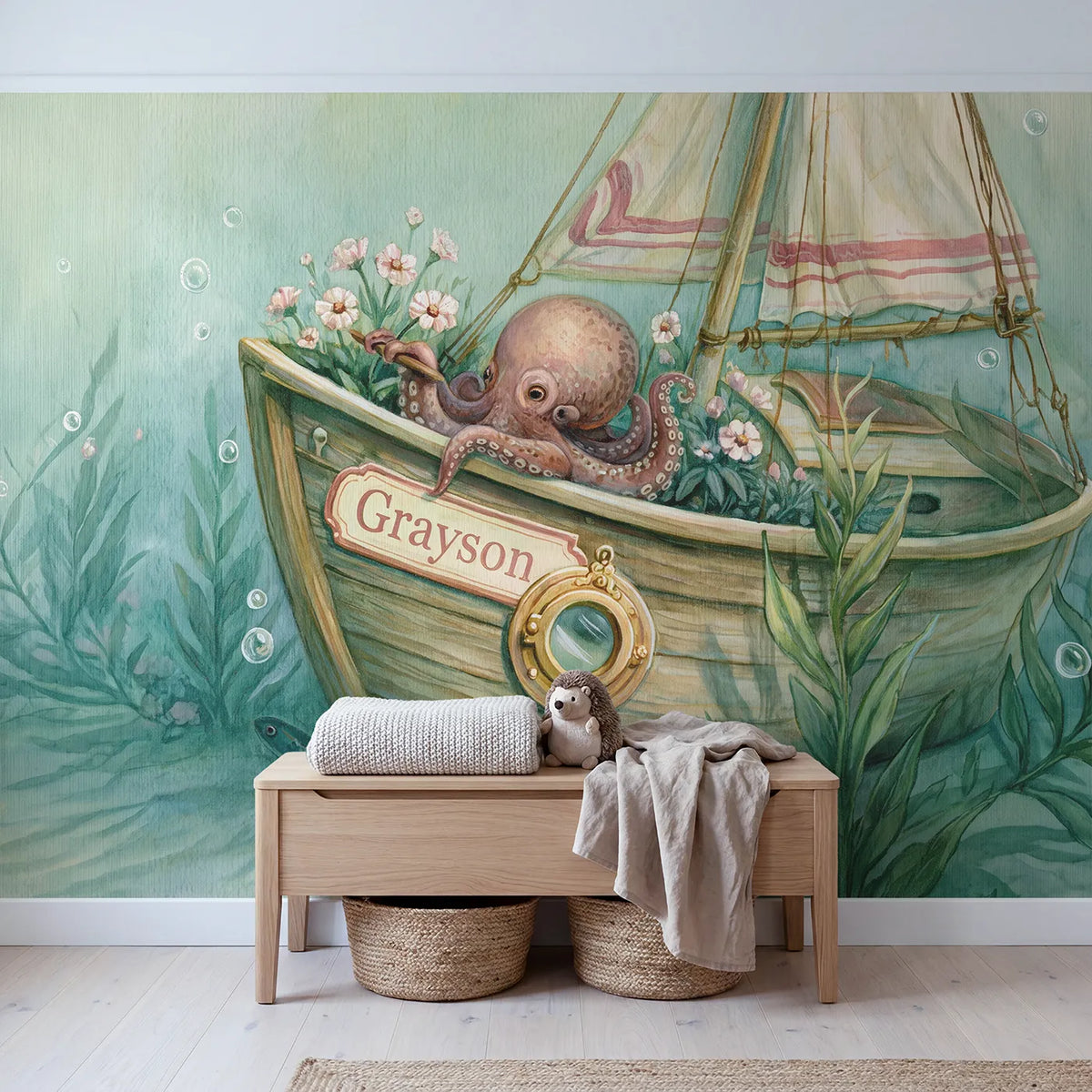 Octopus Sea Garden Personalized Wall Mural in playroom setting by Whimsy Tots