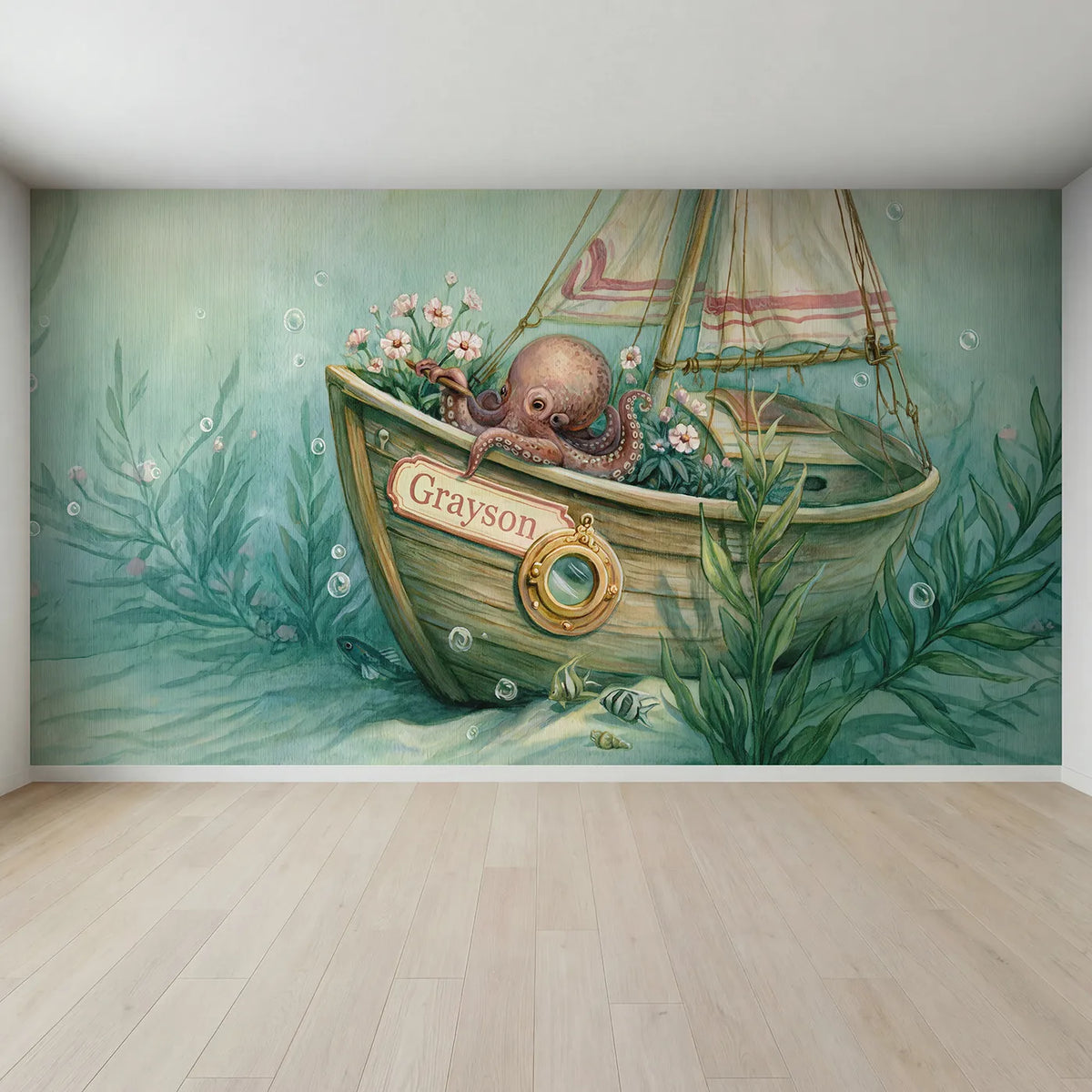 Full view of Octopus Sea Garden Personalized Wall Mural by Whimsy Tots