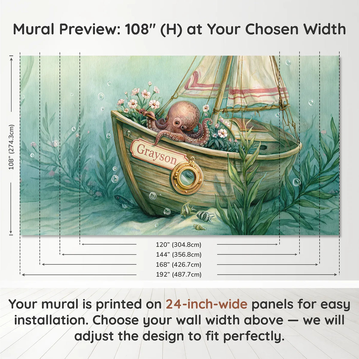 Panel layout and dimensions for Octopus Sea Garden Personalized Wall Mural by Whimsy Tots