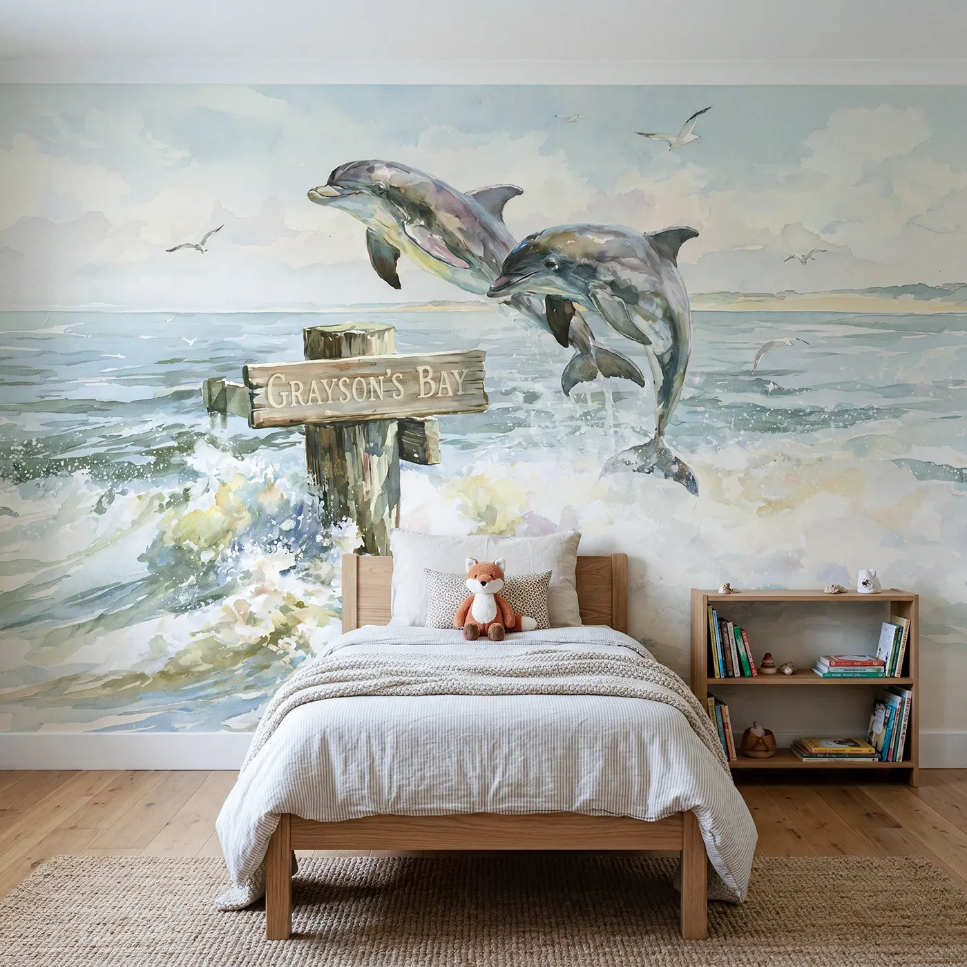 Watercolor dolphins bay personalized wall mural with pier name sign by Whimsy Tots