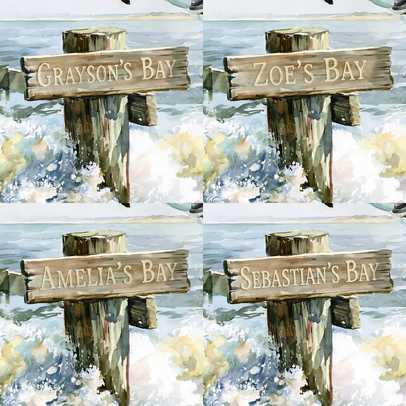 Four name preview examples of Playful Dolphin Bay Personalized Wall Mural by Whimsy Tots