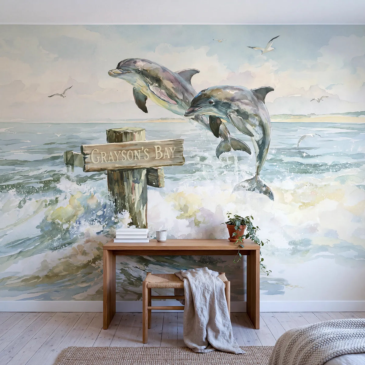 Playful Dolphin Bay Personalized Wall Mural in playroom setting by Whimsy Tots