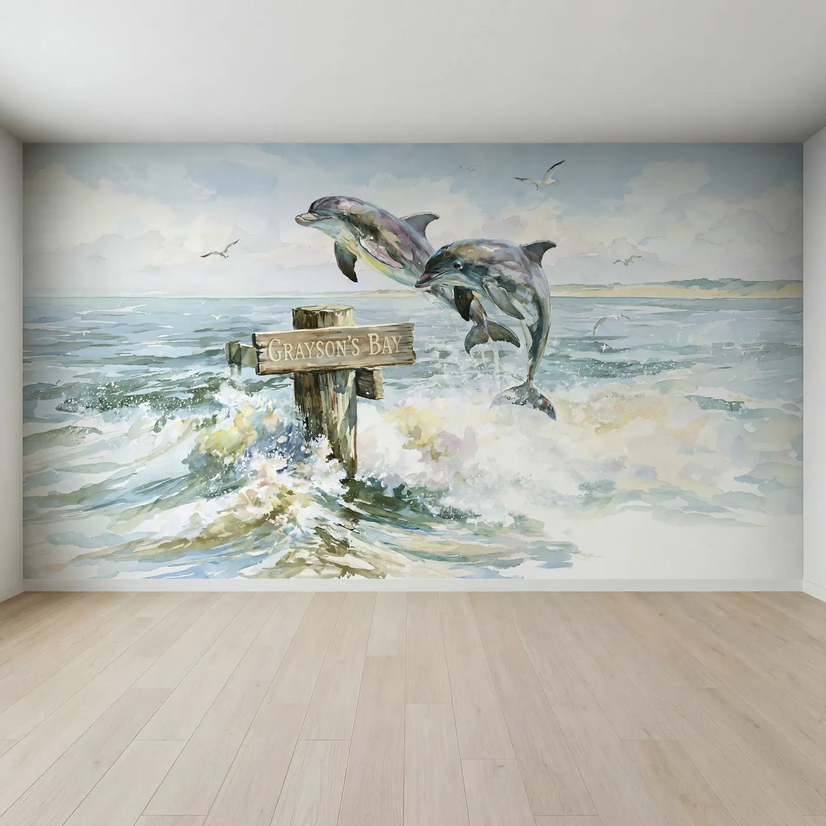 Full view of Playful Dolphin Bay Personalized Wall Mural by Whimsy Tots