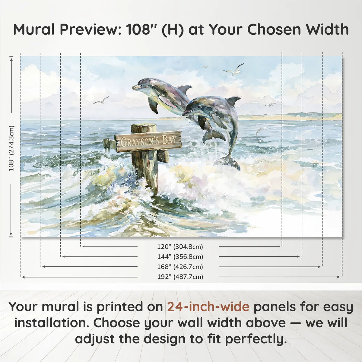 Panel layout and dimensions for Playful Dolphin Bay Personalized Wall Mural by Whimsy Tots