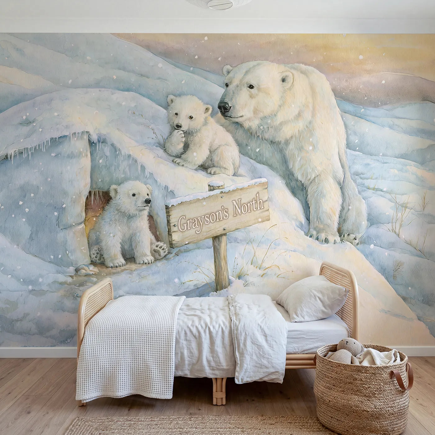 Storybook polar bear cub personalized wall mural with ridge name signpost for nursery by Whimsy Tots