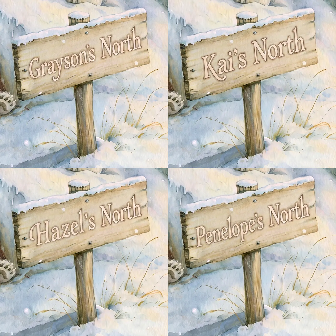Four name preview examples of Snowy Polar Bear Personalized Wall Mural by Whimsy Tots