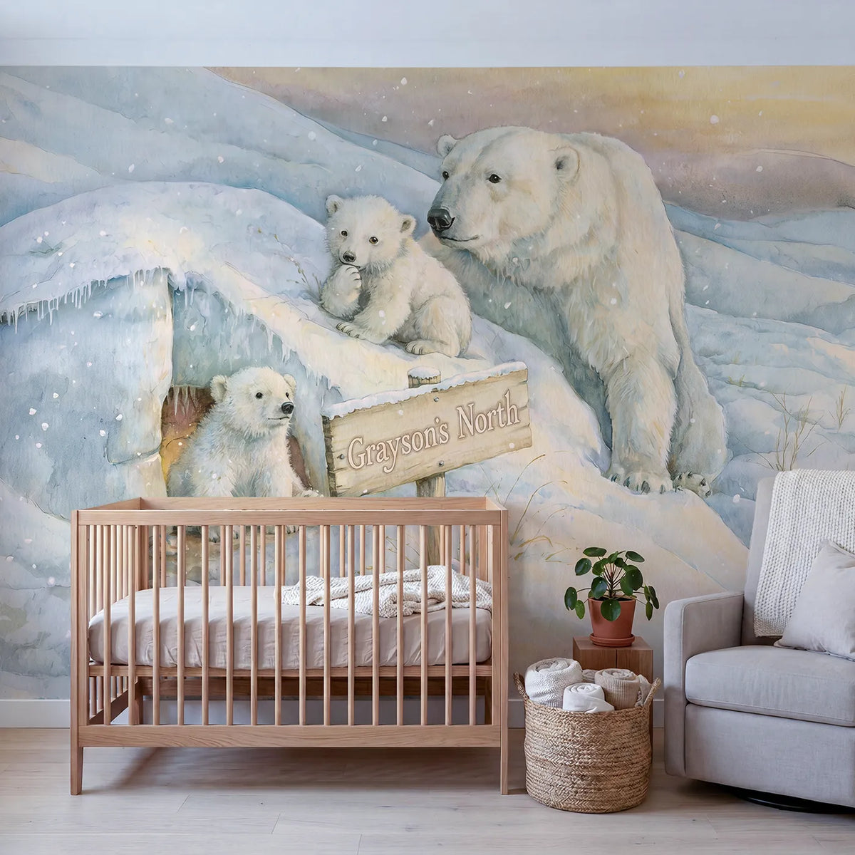 Snowy Polar Bear Personalized Wall Mural in playroom setting by Whimsy Tots