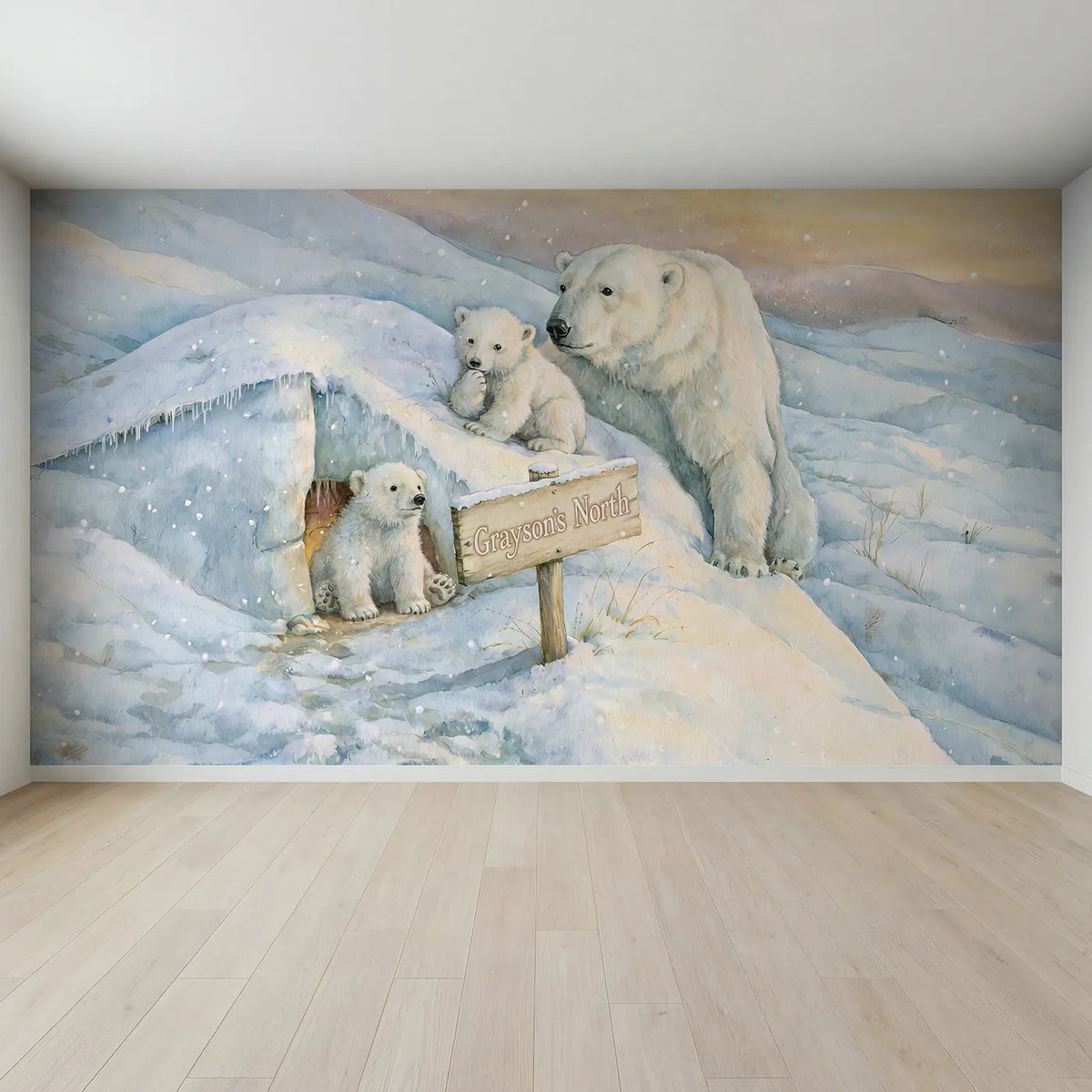 Full view of Snowy Polar Bear Personalized Wall Mural by Whimsy Tots
