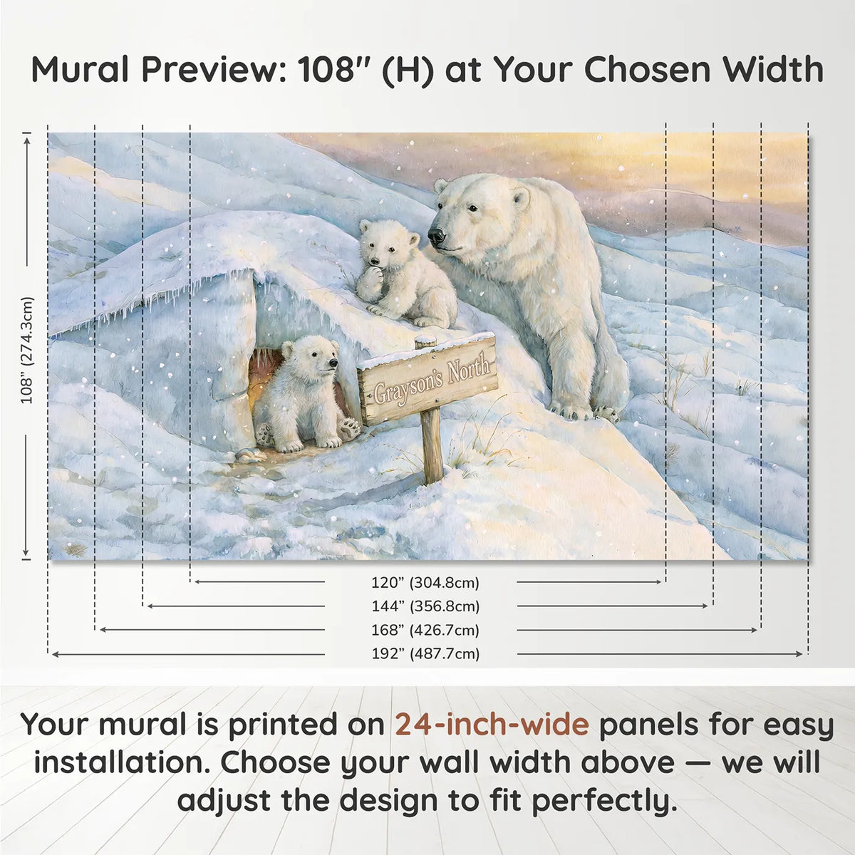 Panel layout and dimensions for Snowy Polar Bear Personalized Wall Mural by Whimsy Tots