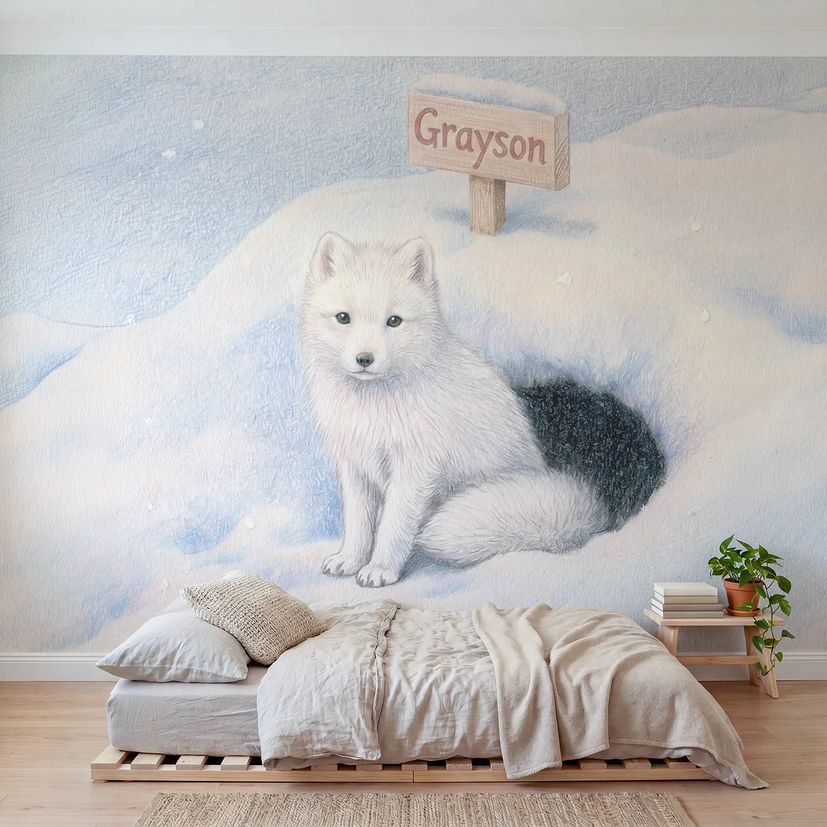 Colored pencil arctic fox personalized wall mural with den name sign for toddler room by Whimsy Tots