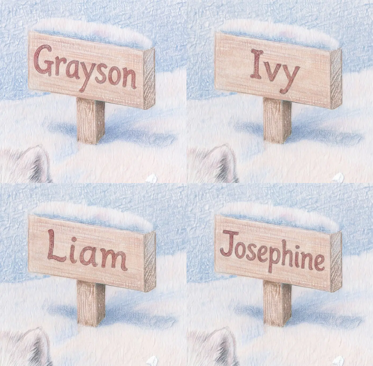 Four name preview examples of Arctic Fox Den Personalized Wall Mural by Whimsy Tots