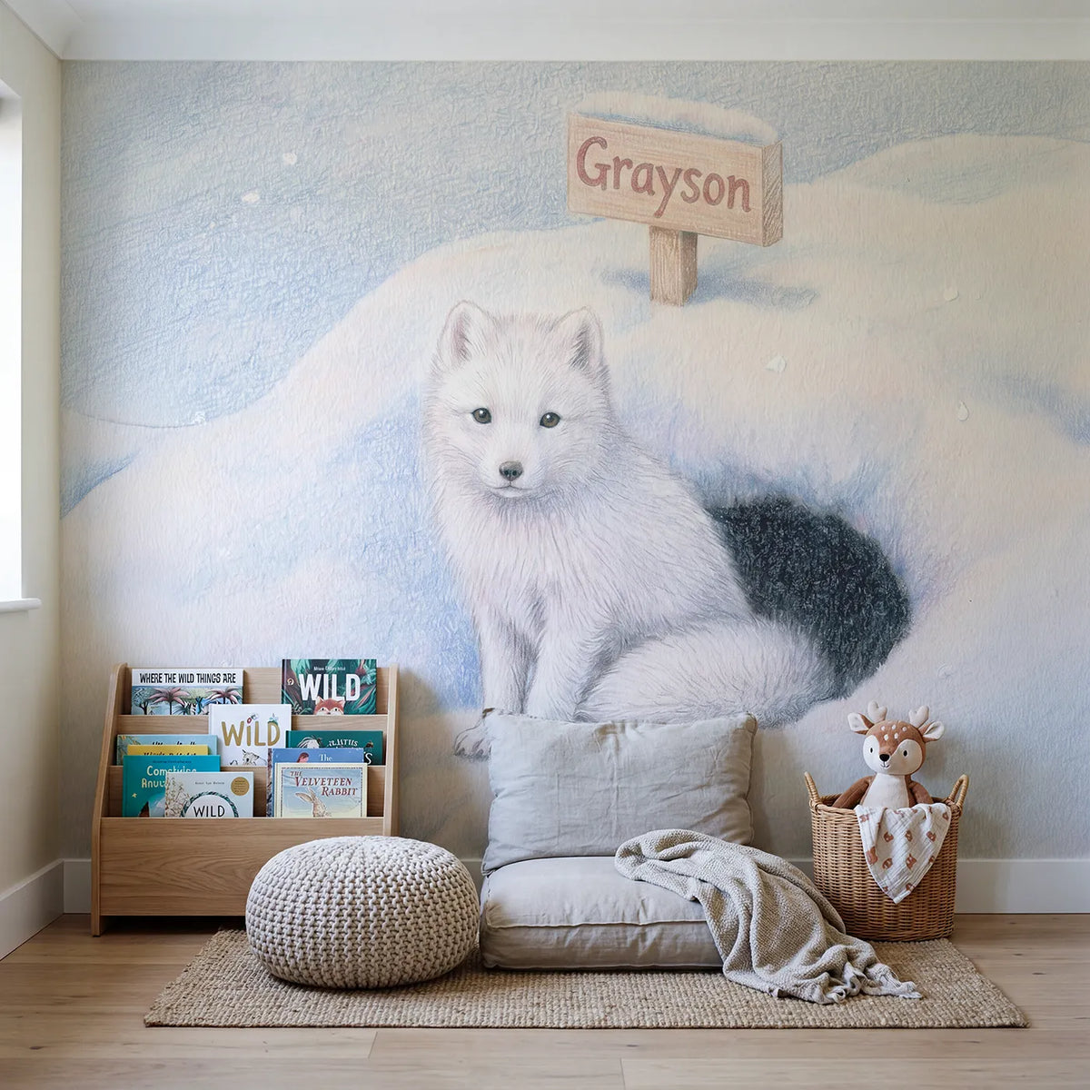 Arctic Fox Den Personalized Wall Mural in playroom setting by Whimsy Tots
