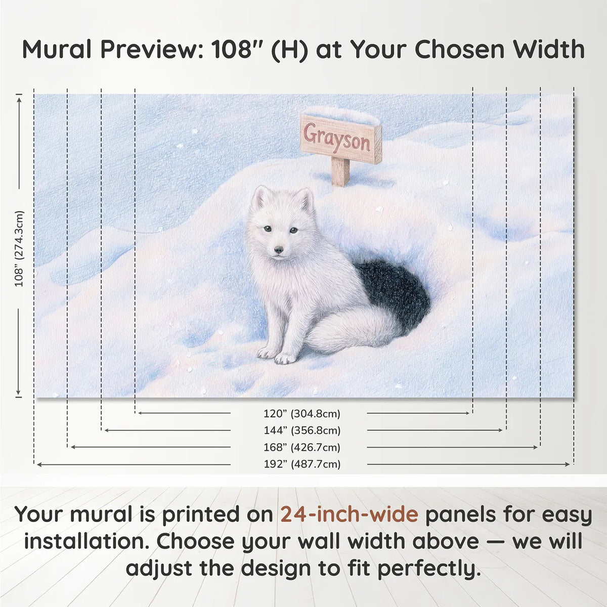 Panel layout and dimensions for Arctic Fox Den Personalized Wall Mural by Whimsy Tots