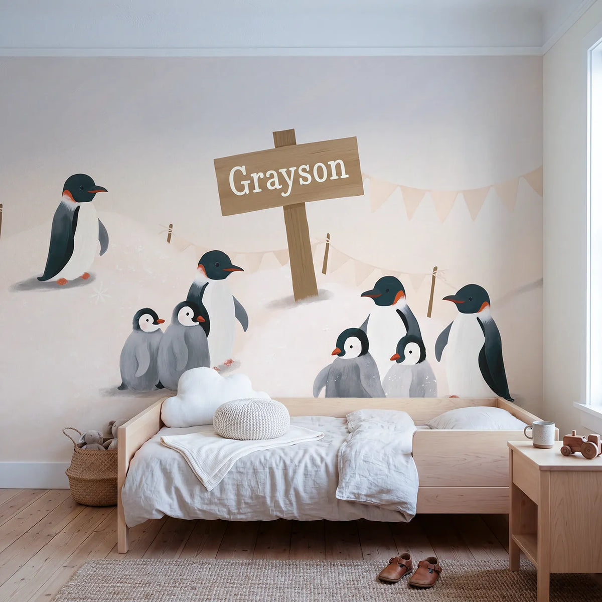 Modern Illustration penguin family personalized wall mural with name banner by Whimsy Tots