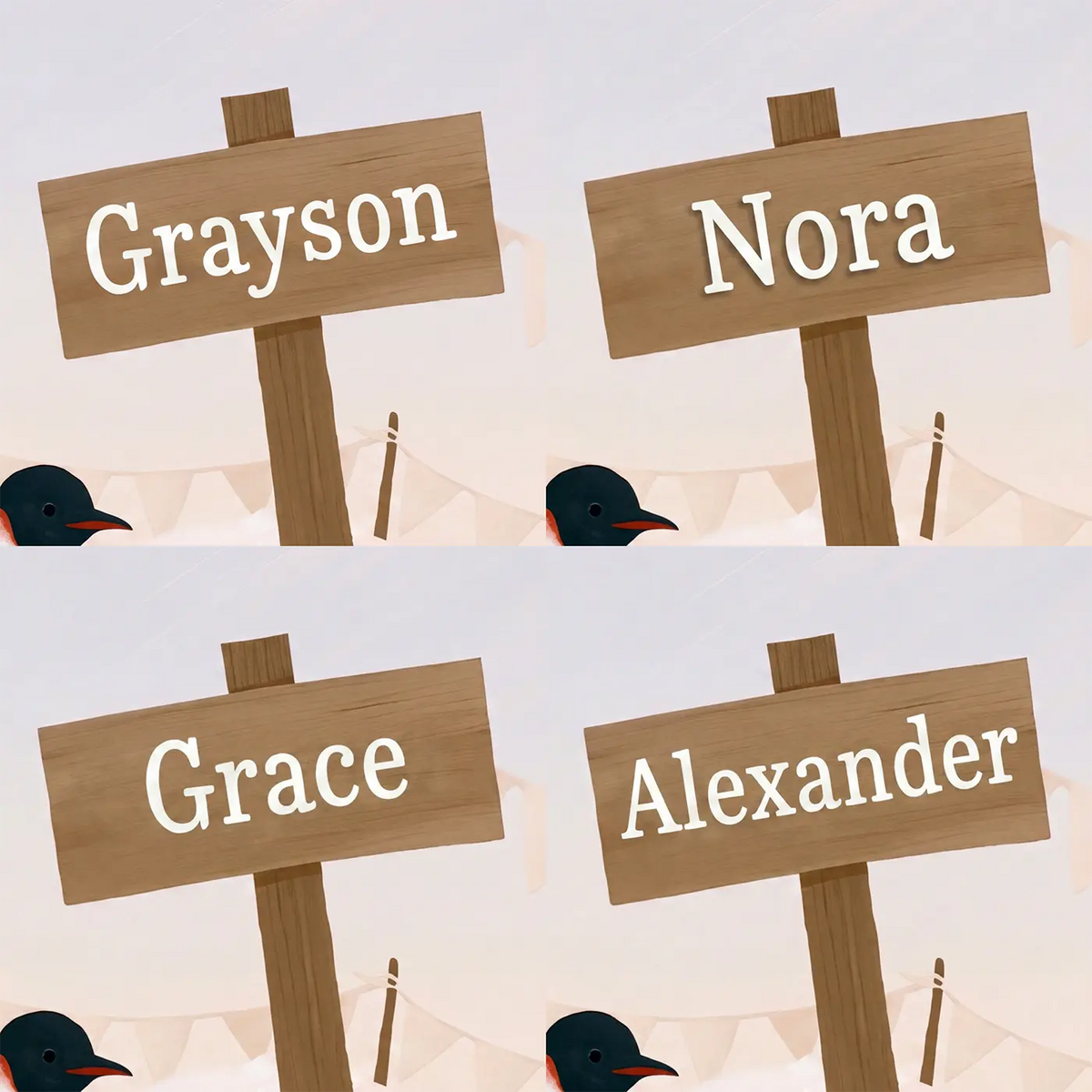 Four name preview examples of Penguin Family Ice Personalized Wall Mural by Whimsy Tots