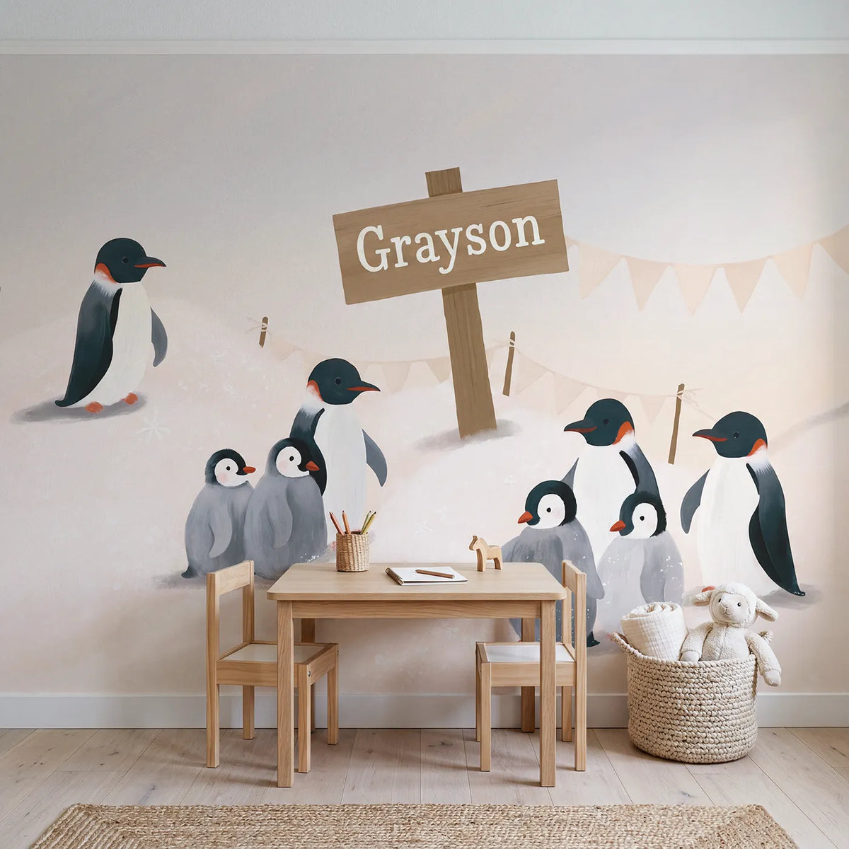 Penguin Family Ice Personalized Wall Mural in playroom setting by Whimsy Tots