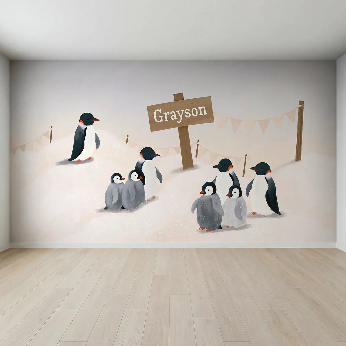 Full view of Penguin Family Ice Personalized Wall Mural by Whimsy Tots