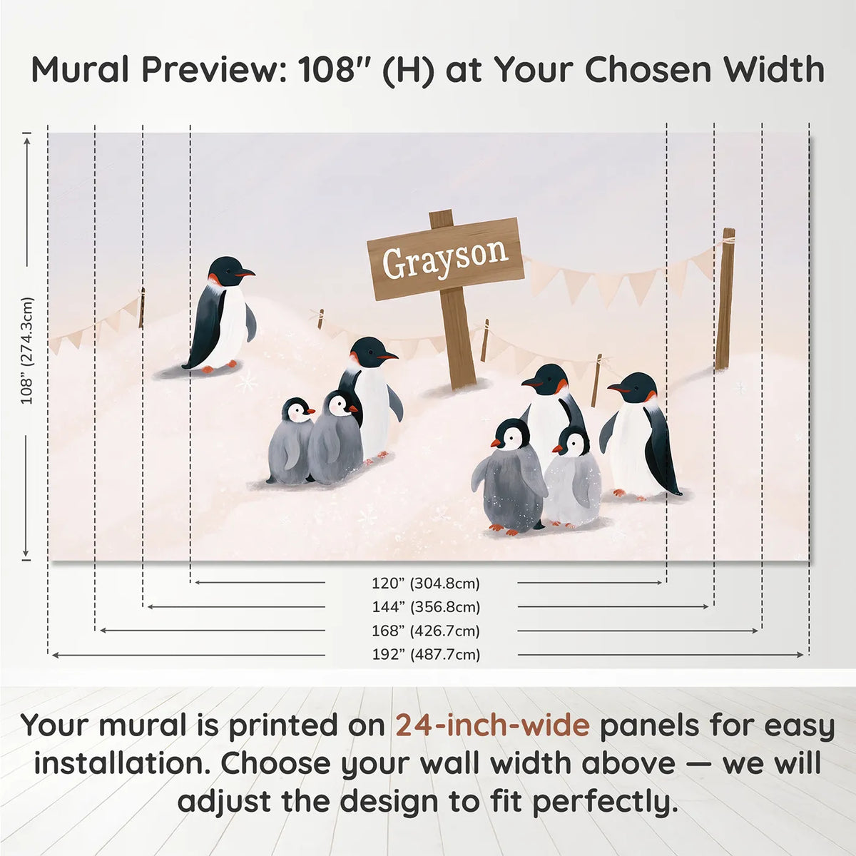 Panel layout and dimensions for Penguin Family Ice Personalized Wall Mural by Whimsy Tots