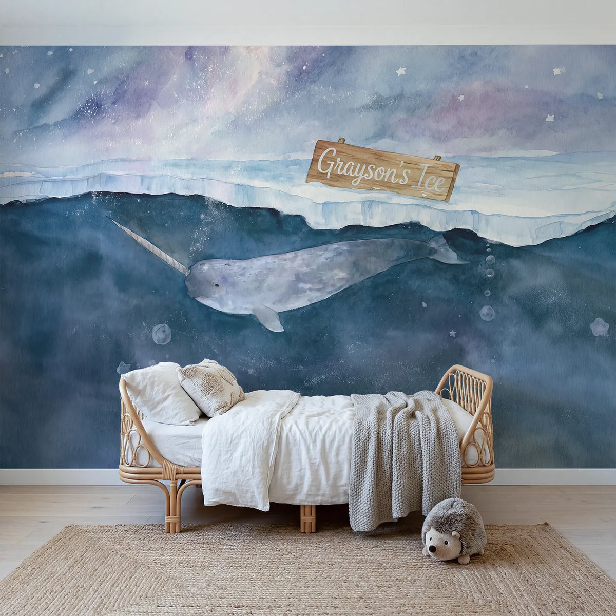 Watercolor narwhal polar ice personalized wall mural with name sign for nursery by Whimsy Tots