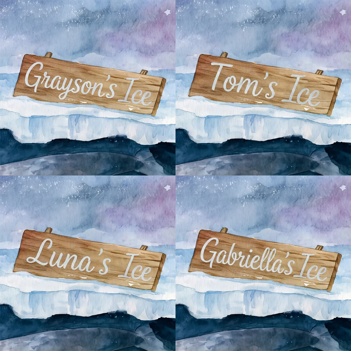 Four name preview examples of Dreamy Narwhal Glow Personalized Wall Mural by Whimsy Tots