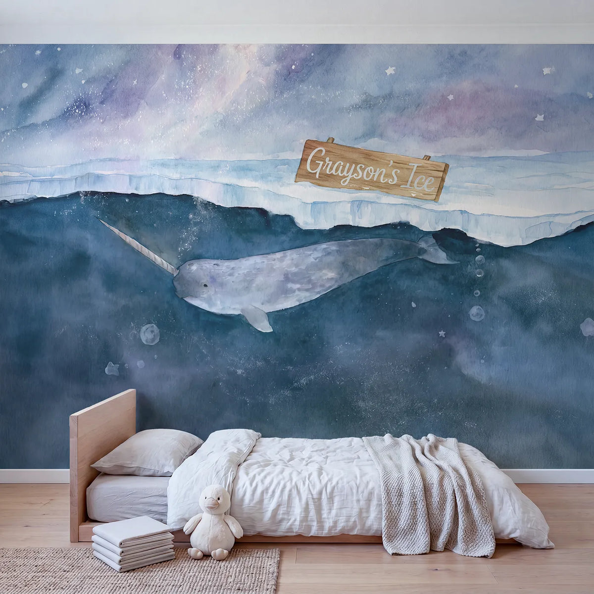 Dreamy Narwhal Glow Personalized Wall Mural in playroom setting by Whimsy Tots