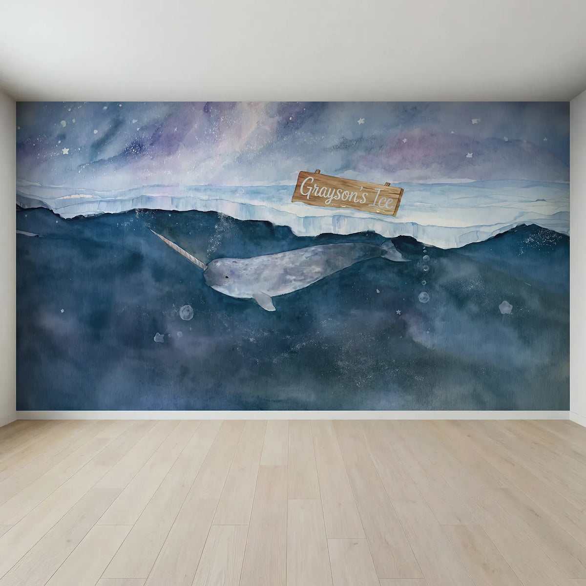 Full view of Dreamy Narwhal Glow Personalized Wall Mural by Whimsy Tots