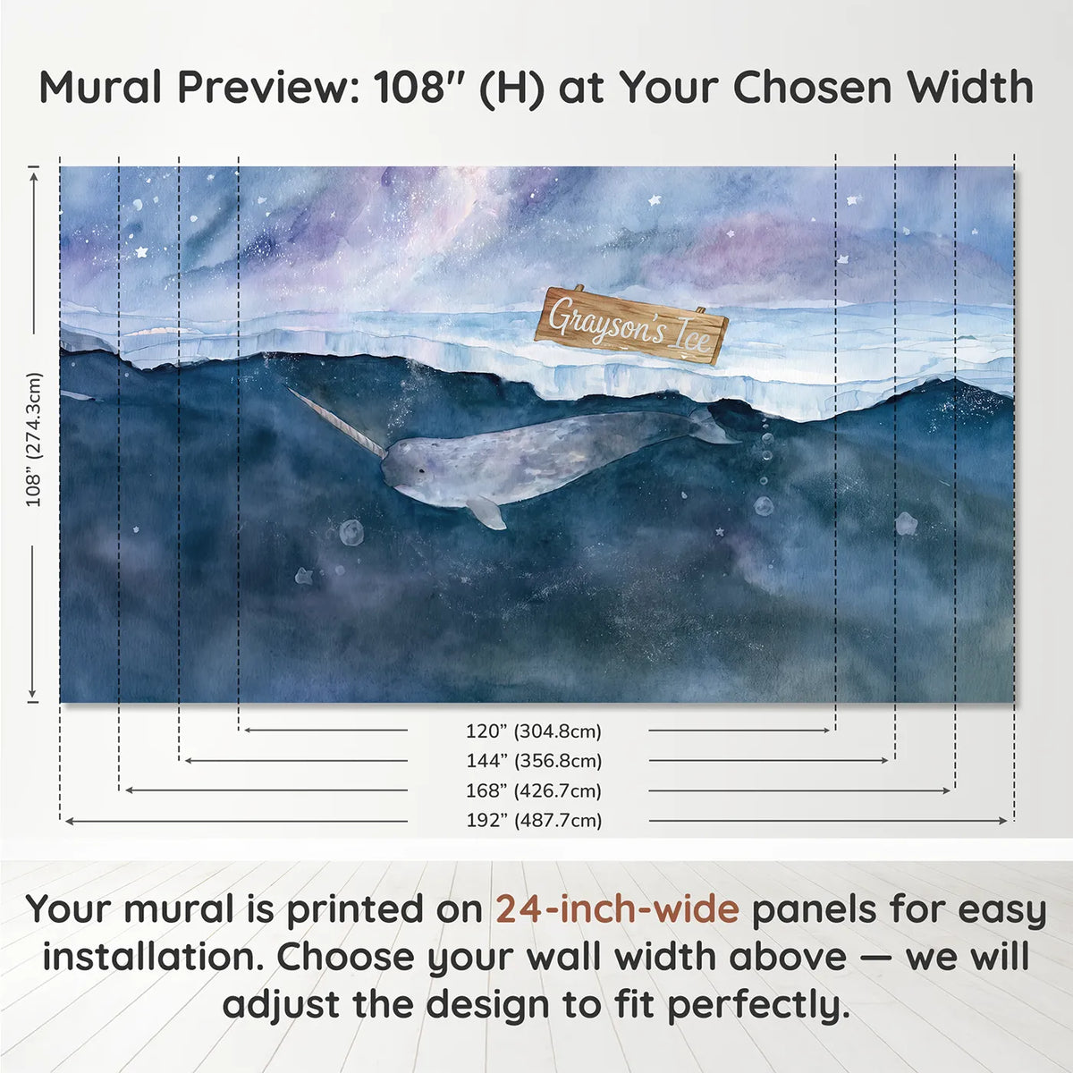 Panel layout and dimensions for Dreamy Narwhal Glow Personalized Wall Mural by Whimsy Tots