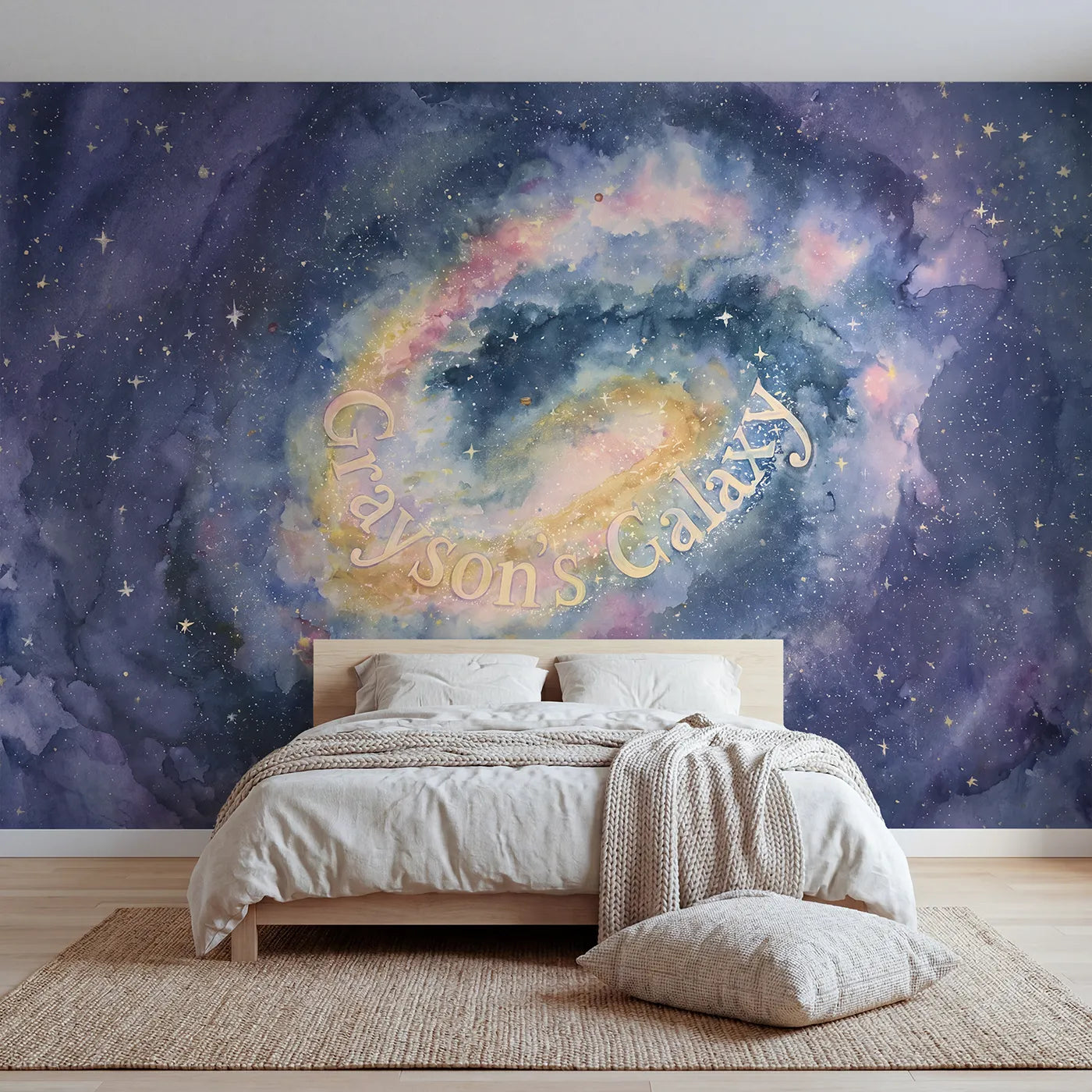 Watercolor galaxy personalized wall mural with name written in stars by Whimsy Tots