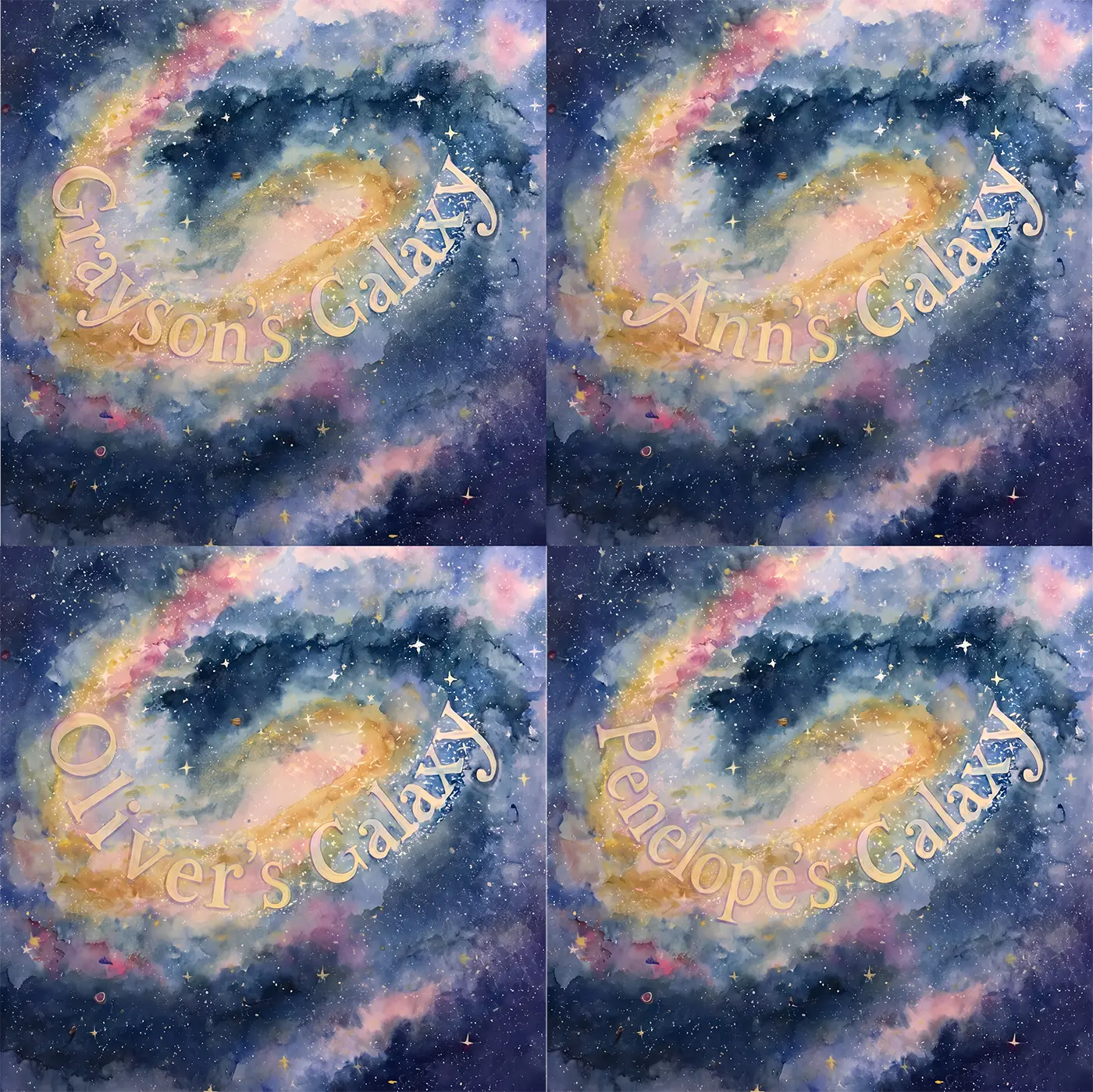 Four name preview examples of Dreamy Galaxy Swirl Personalized Wall Mural by Whimsy Tots