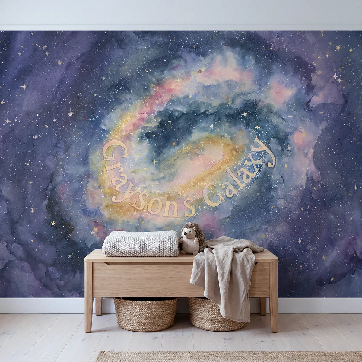 Dreamy Galaxy Swirl Personalized Wall Mural in playroom setting by Whimsy Tots