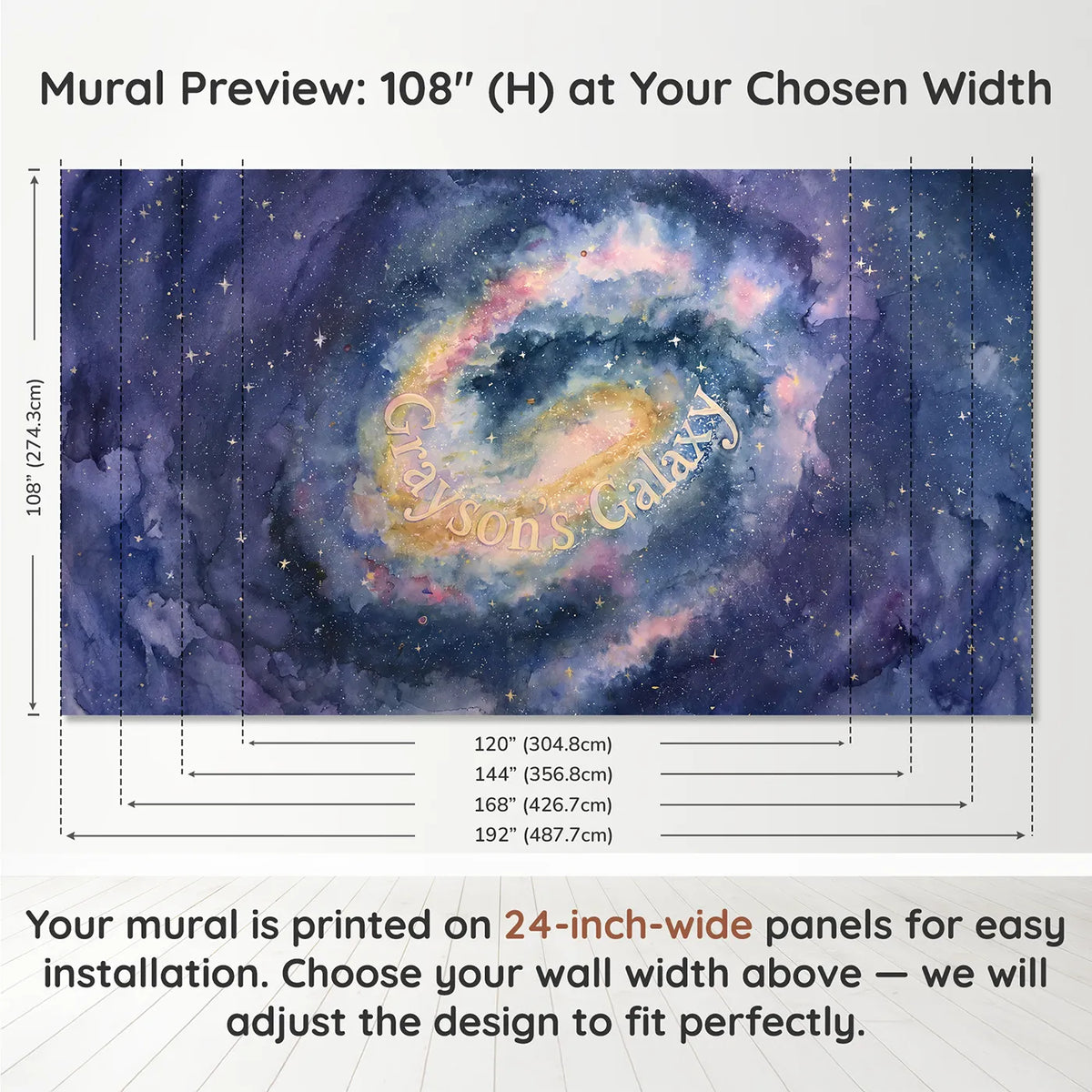 Panel layout and dimensions for Dreamy Galaxy Swirl Personalized Wall Mural by Whimsy Tots