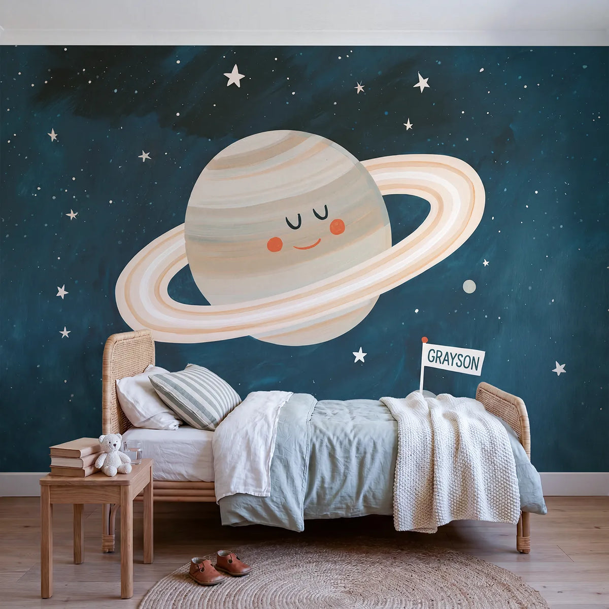 Modern Illustration ringed planet personalized wall mural with moon flag name by Whimsy Tots