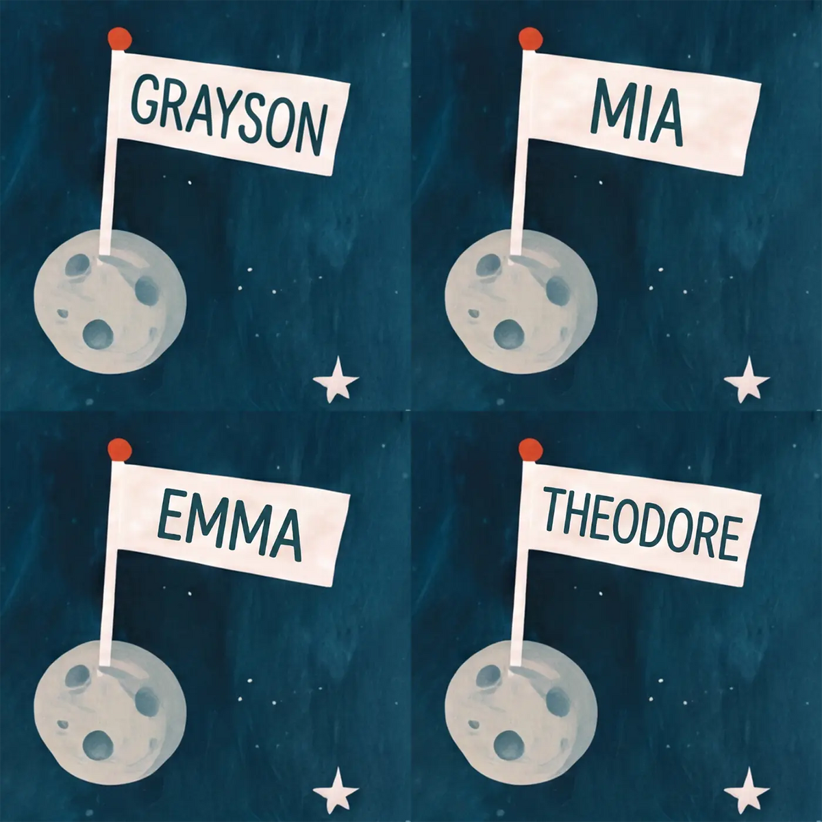 Four name preview examples of Saturn Ringed Planet Personalized Wall Mural by Whimsy Tots