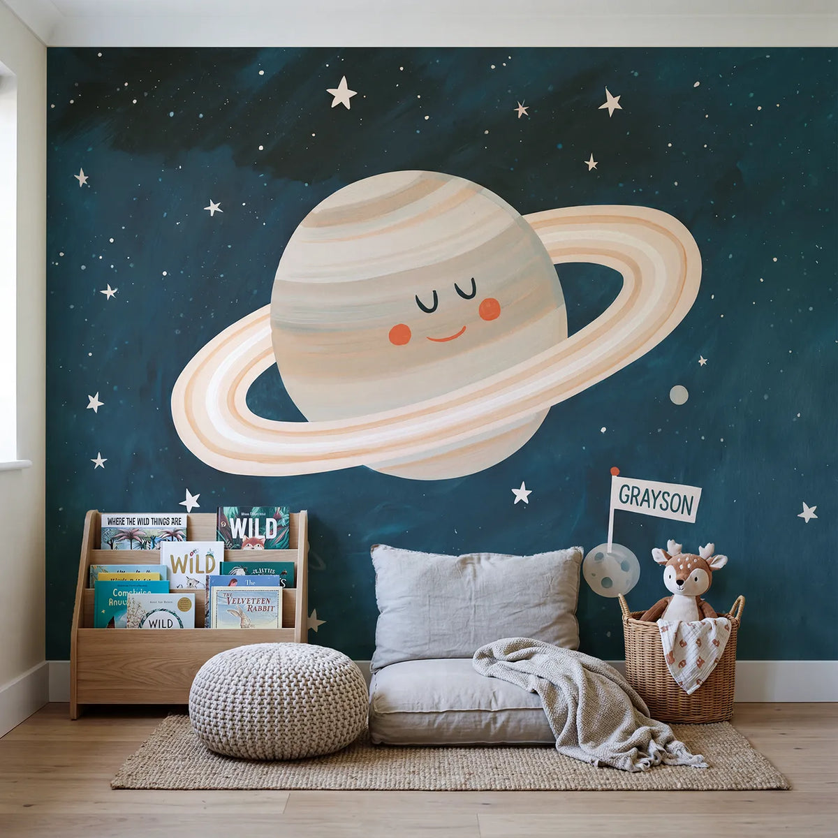 Saturn Ringed Planet Personalized Wall Mural in playroom setting by Whimsy Tots
