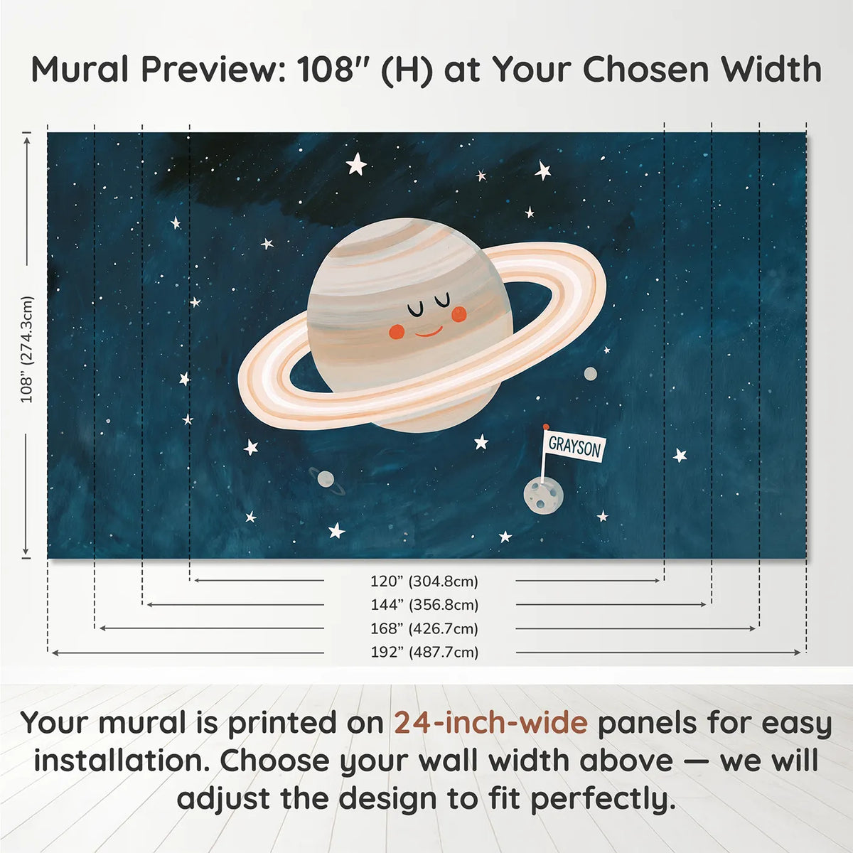 Panel layout and dimensions for Saturn Ringed Planet Personalized Wall Mural by Whimsy Tots