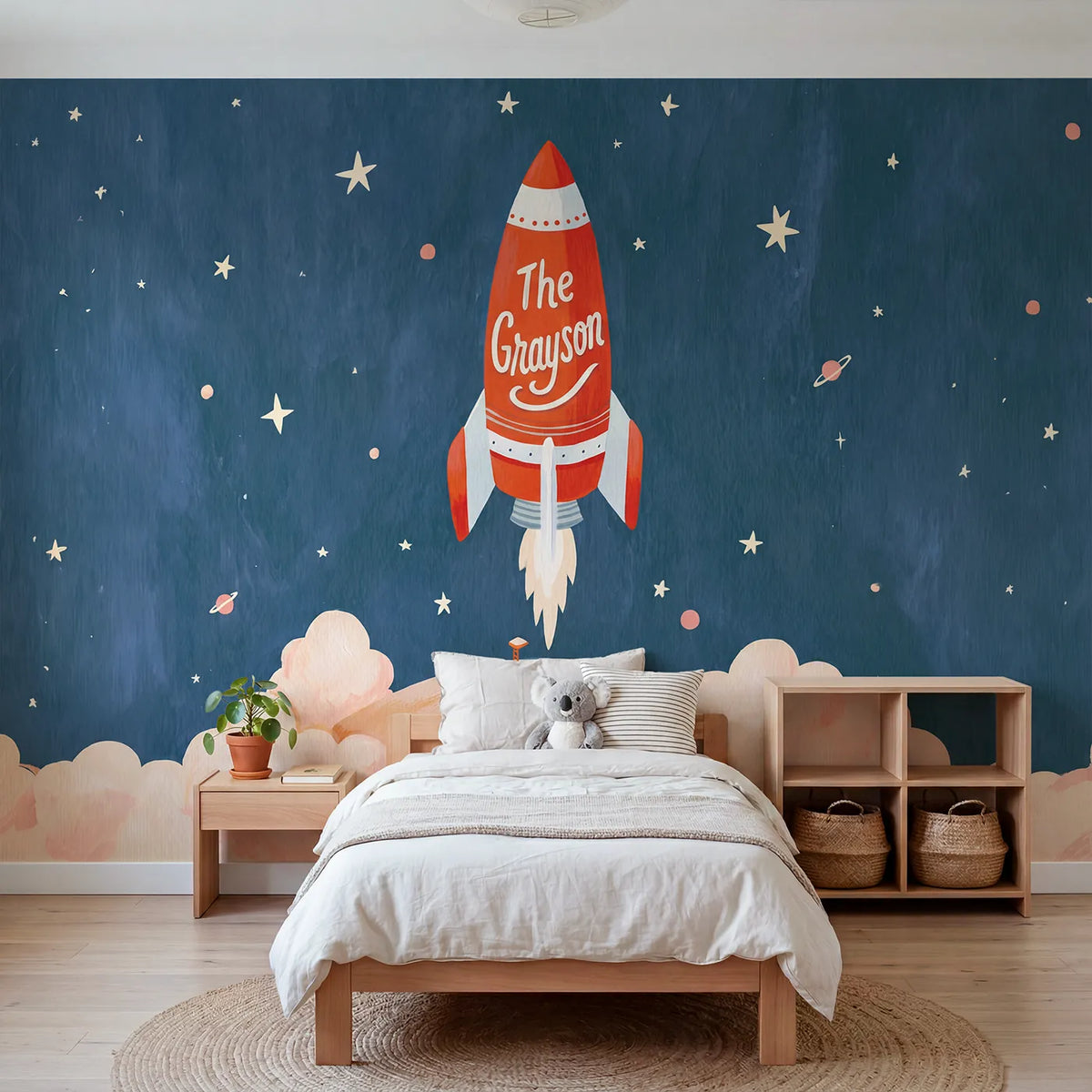 Modern Illustration rocket launch personalized wall mural with hull name for playroom by Whimsy Tots