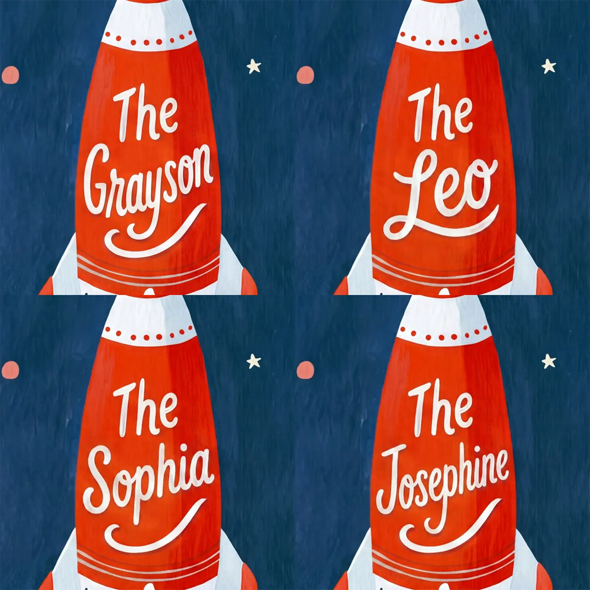 Four name preview examples of Little Rocket Launch Personalized Wall Mural by Whimsy Tots