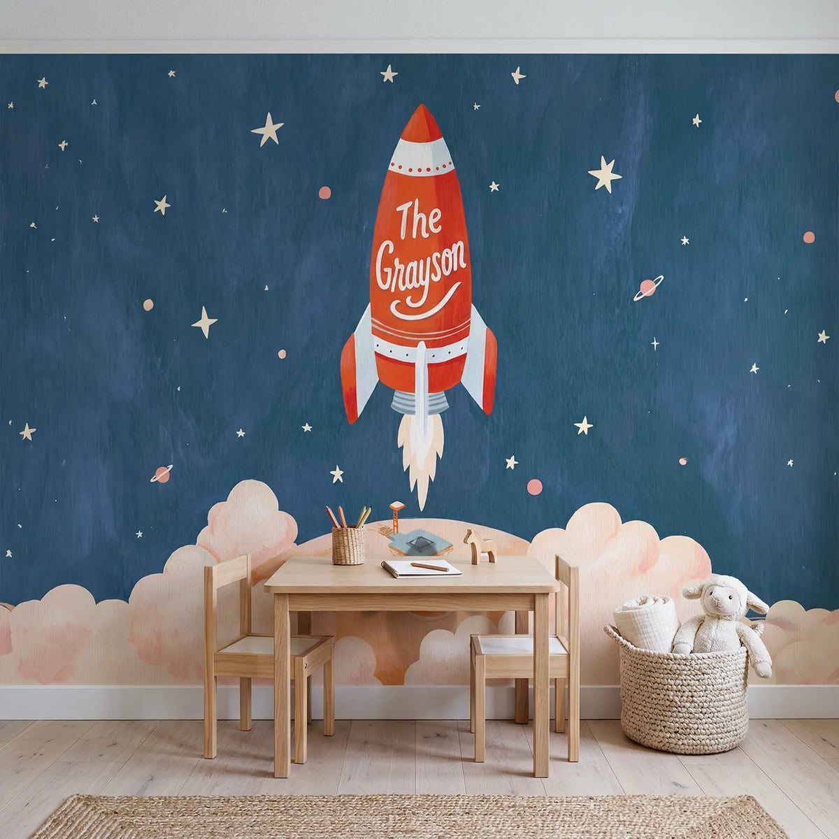 Little Rocket Launch Personalized Wall Mural in playroom setting by Whimsy Tots