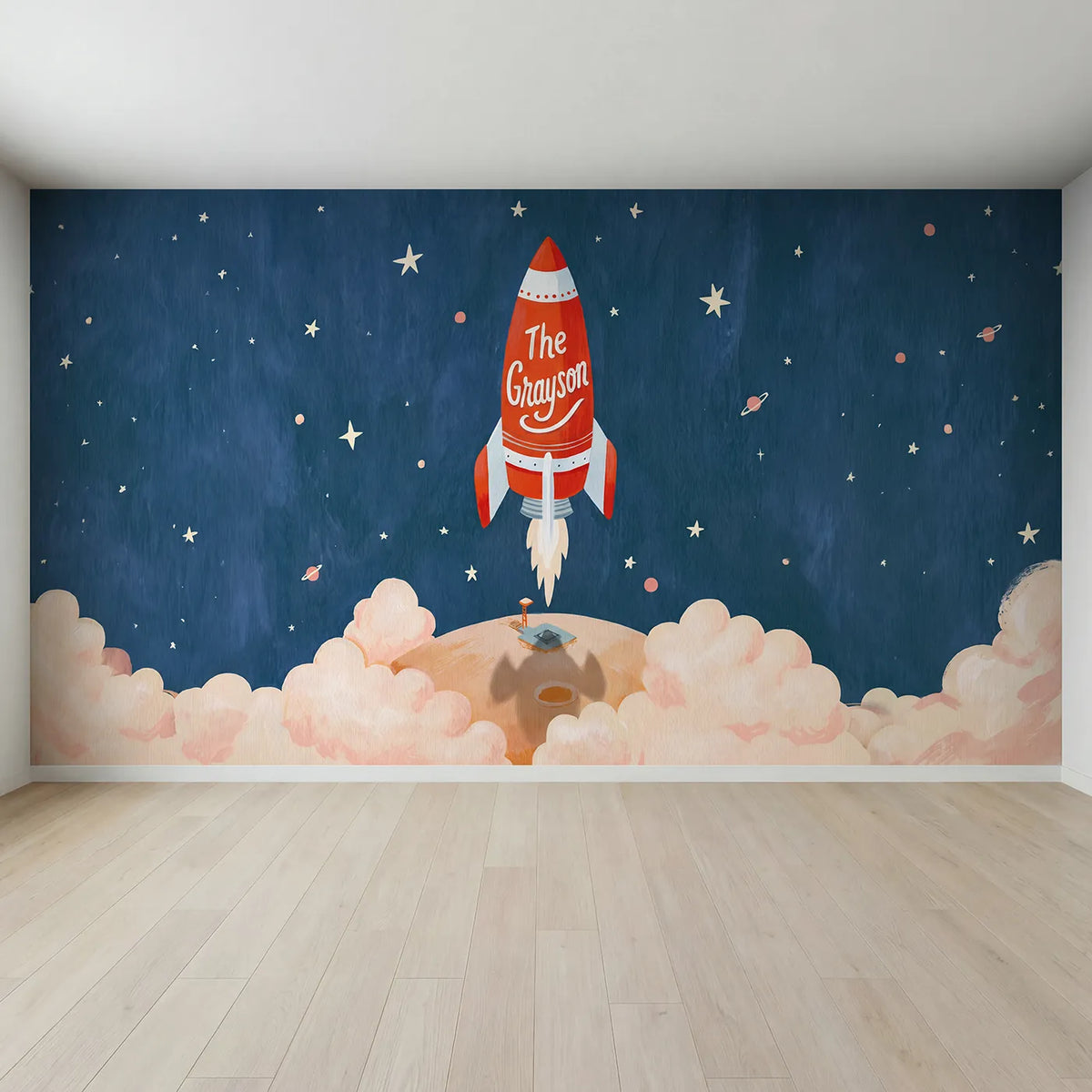 Full view of Little Rocket Launch Personalized Wall Mural by Whimsy Tots