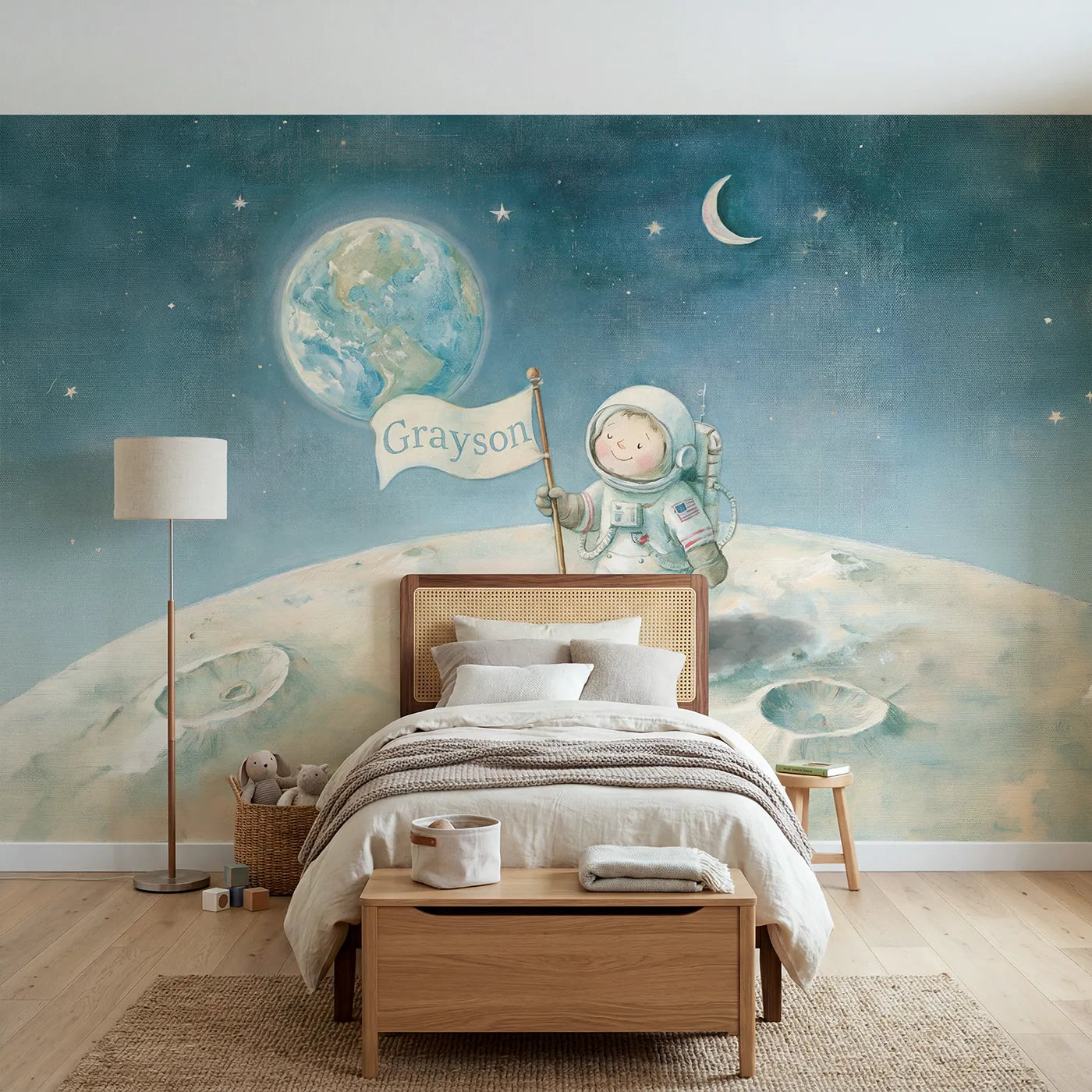Storybook astronaut moon personalized wall mural with name flag for kids room by Whimsy Tots
