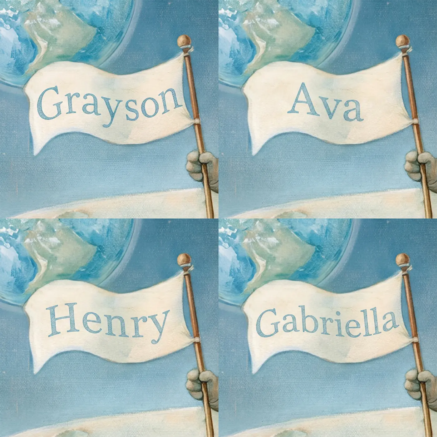 Four name preview examples of Astronaut Moon Landing Personalized Wall Mural by Whimsy Tots