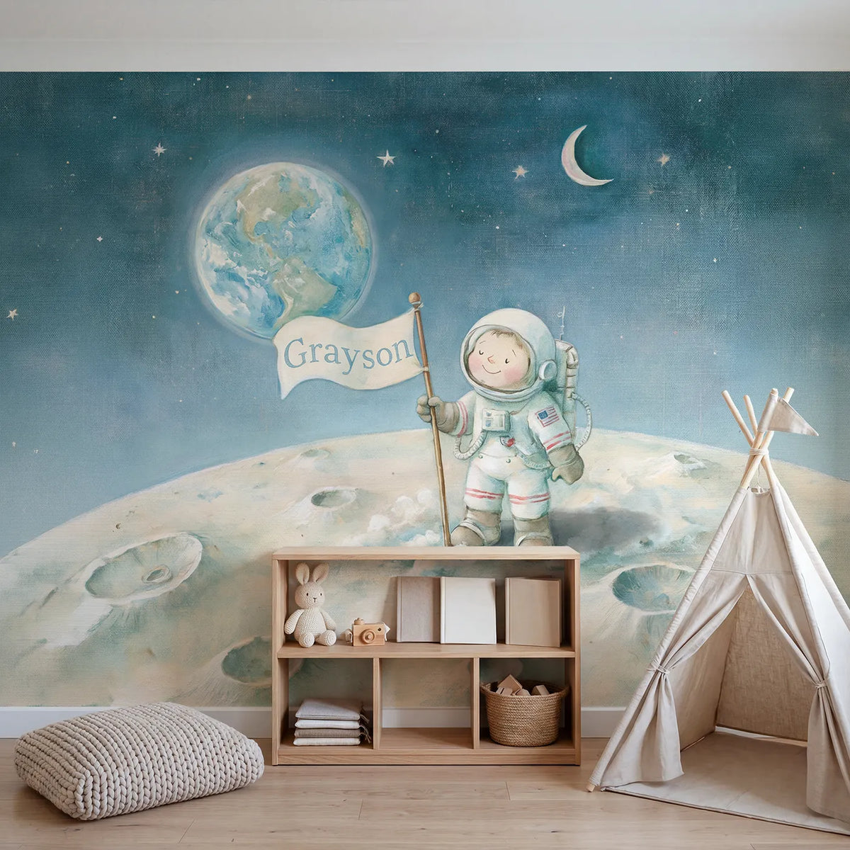 Astronaut Moon Landing Personalized Wall Mural in playroom setting by Whimsy Tots