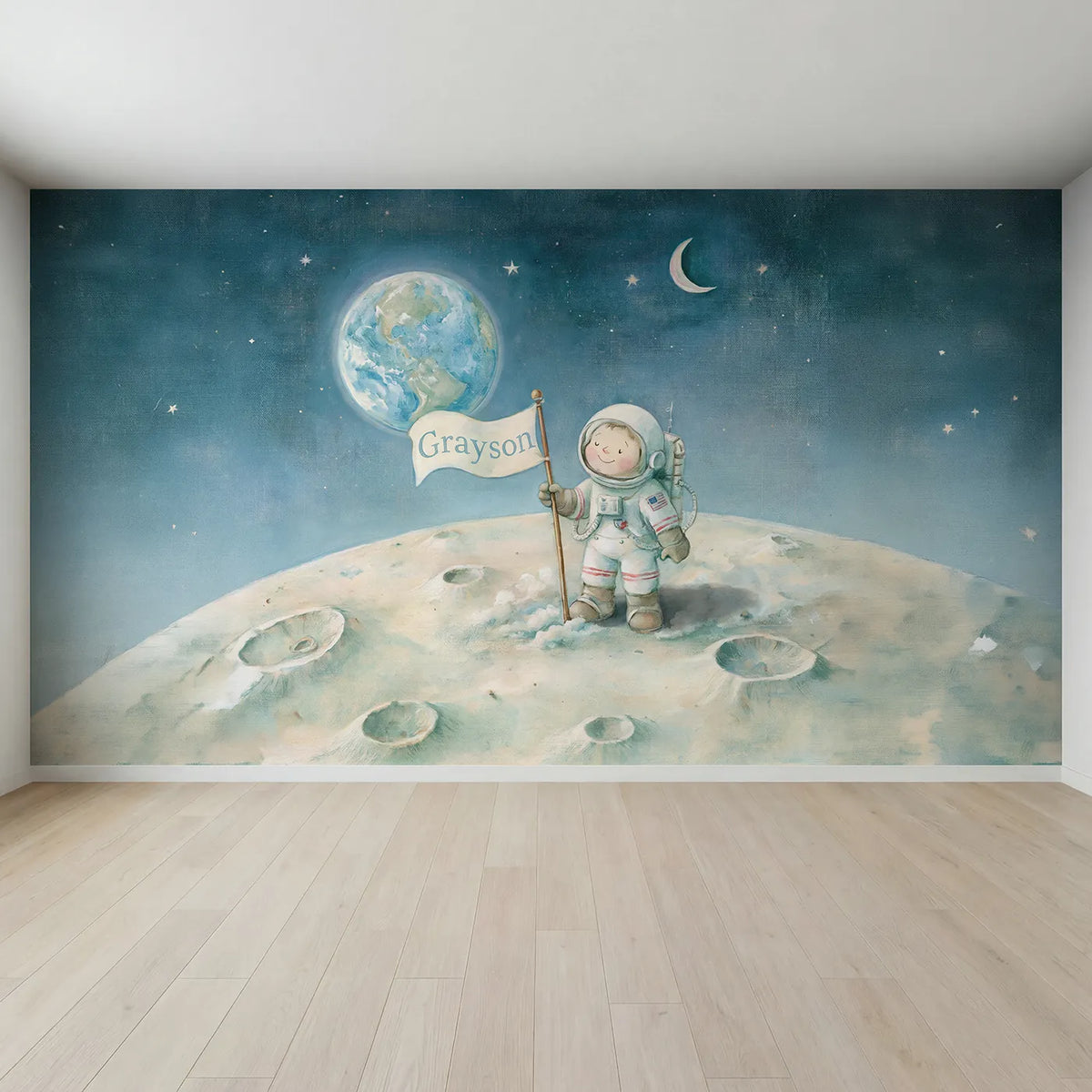 Full view of Astronaut Moon Landing Personalized Wall Mural by Whimsy Tots