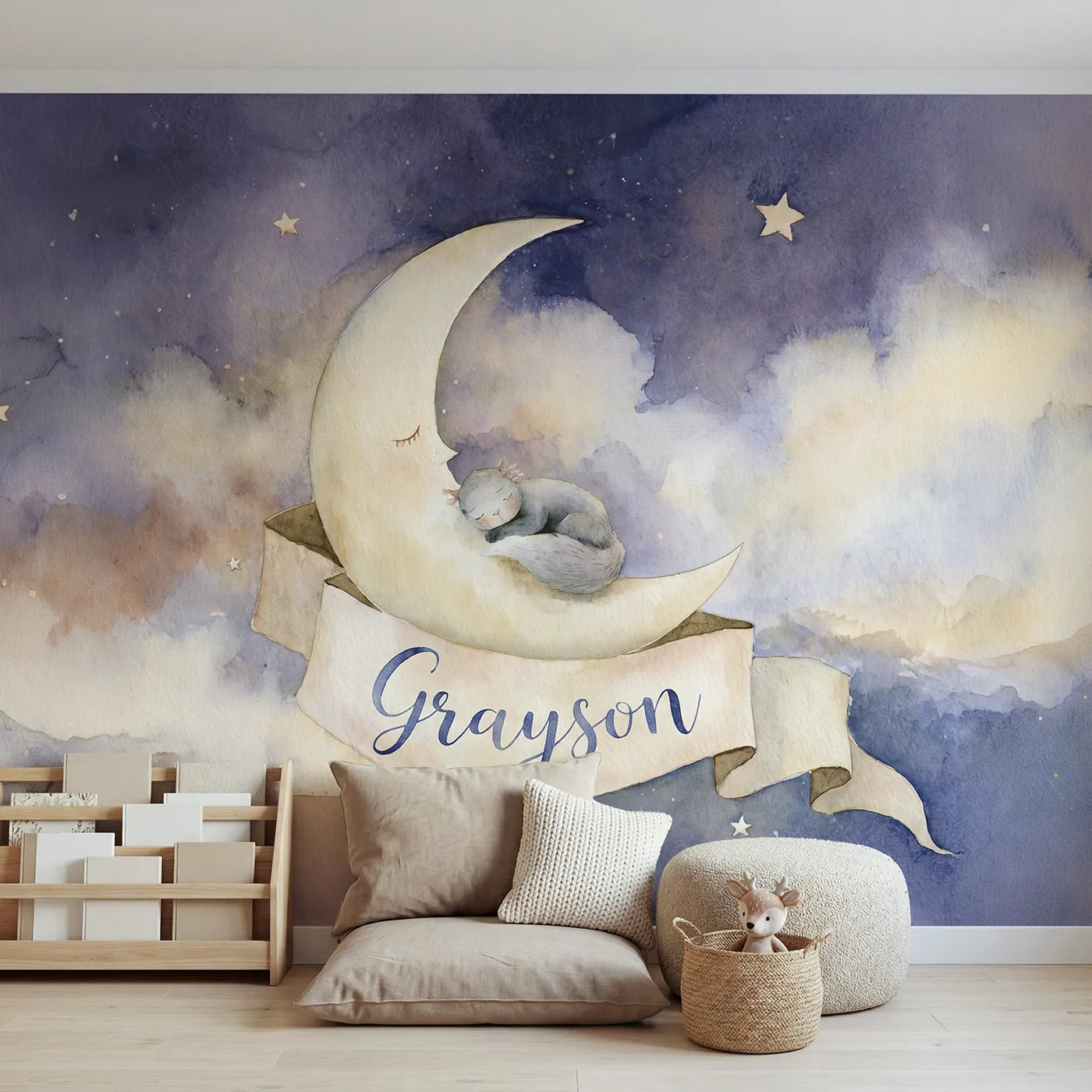 Watercolor crescent moon personalized wall mural with name banner for nursery by Whimsy Tots