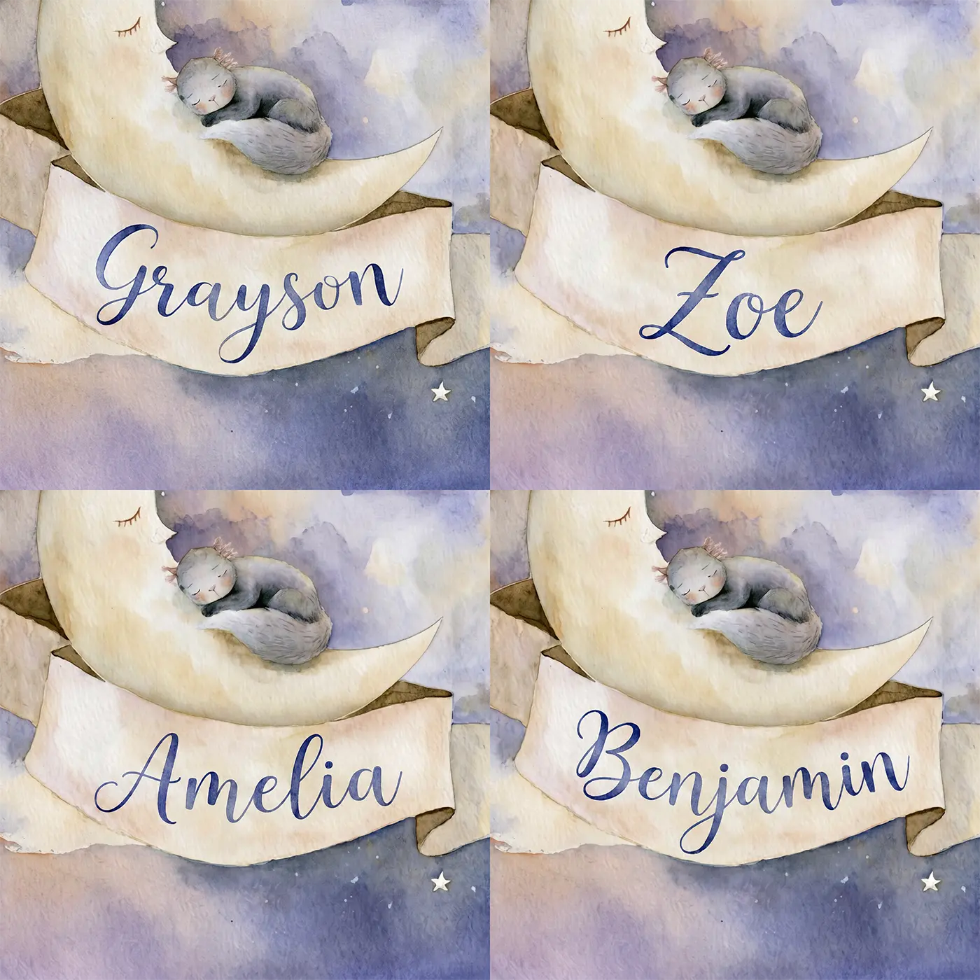 Four name preview examples of Crescent Moon Dream Personalized Wall Mural by Whimsy Tots