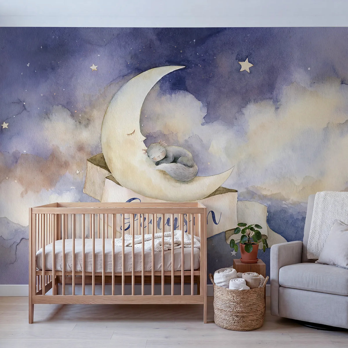 Crescent Moon Dream Personalized Wall Mural in playroom setting by Whimsy Tots