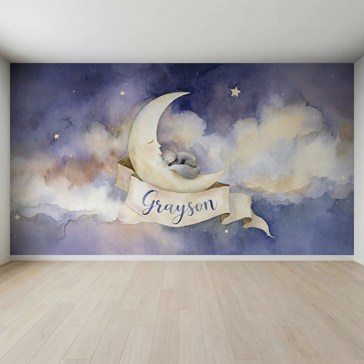 Full view of Crescent Moon Dream Personalized Wall Mural by Whimsy Tots